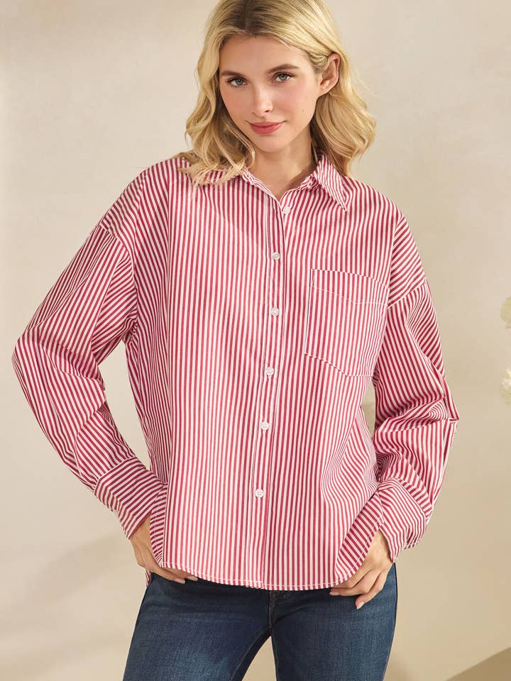 STRIPE BUTTON-UP SHIRT TOP WITH LEFT CHEST POCKET- SDT6410 for wholesale by Star Drop