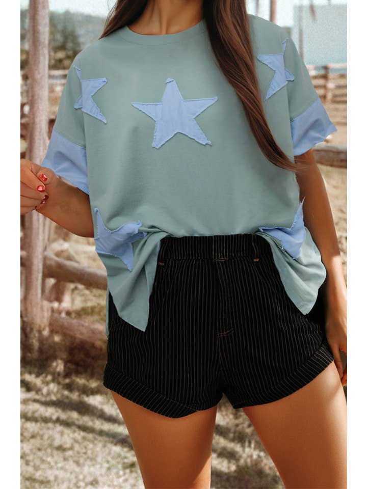 fashionworks - Wholesale T-Shirt - Women's - Fashion-W Frayed Star Denim Patchwork Oversize T Shirt