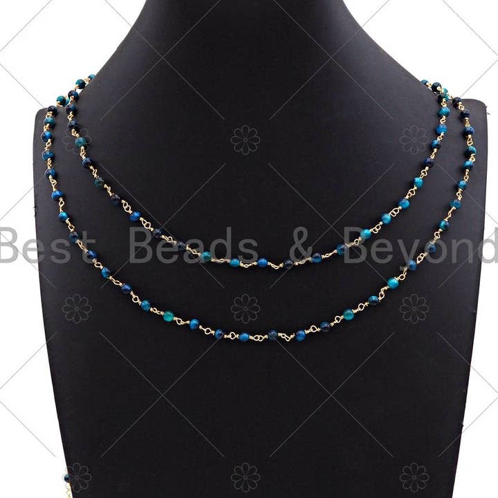 BestBeads&Beyond - Wholesale Beaded/Pearl Necklace - Multicolor/Blue/Green/Purple High Quality Tiger Eye Rosary Chain, 4mm Beaded Chain, Wire Wrapped Gold Chain,Sku#V762