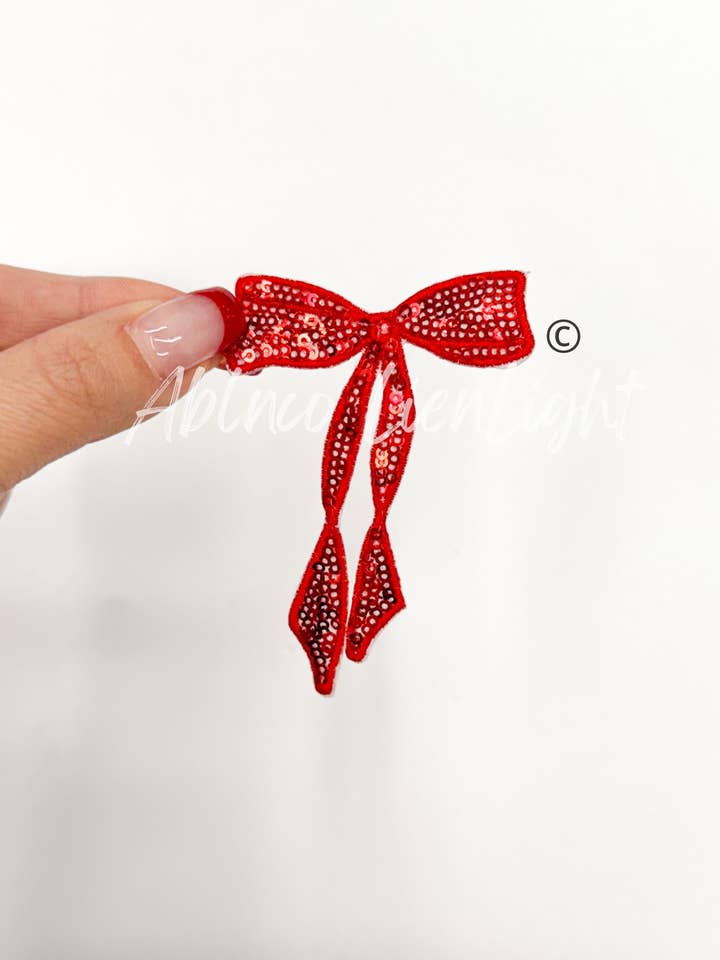 Red Skinny Sequins Embroidery Bow Patch for wholesale by ABLNco