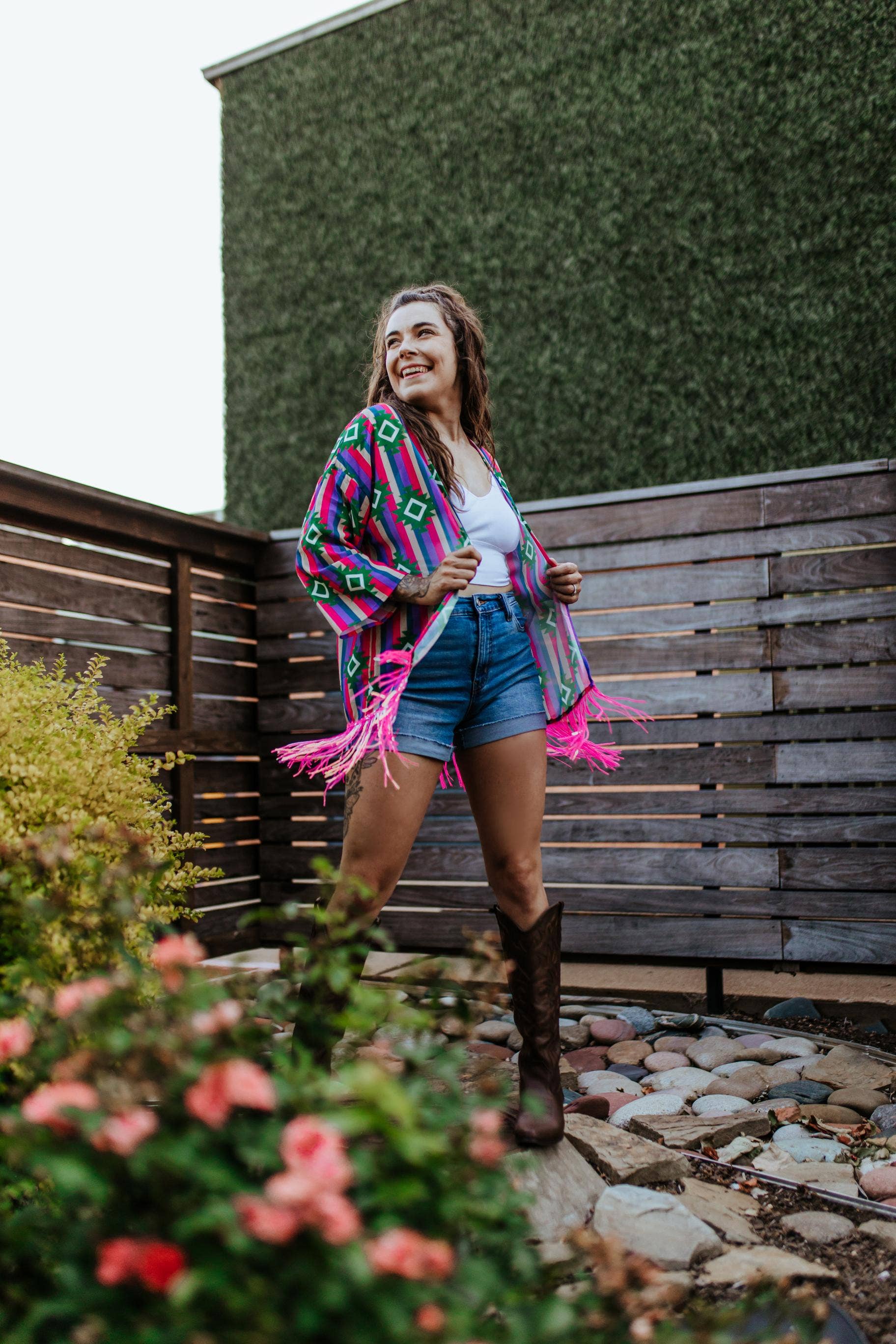 Pink MK364 Guadalupe Sheer Aztec Kimono with Sequin Fringe for wholesale on Faire3