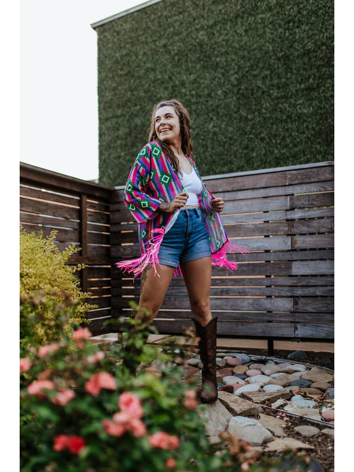 Pink MK364 Guadalupe Sheer Aztec Kimono with Sequin Fringe for wholesale on Faire3