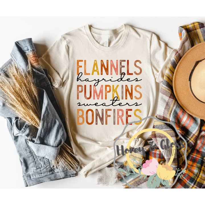 Flannels Hayrides Græskar Trøjer Bonfires Tshirt for engroshandel hos Honey and Gloss