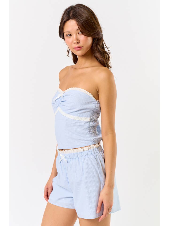 IBS32456 PIN STRIPE TUBE TOP W/ LACE TRIM WITH SHORTS for wholesale on Faire
