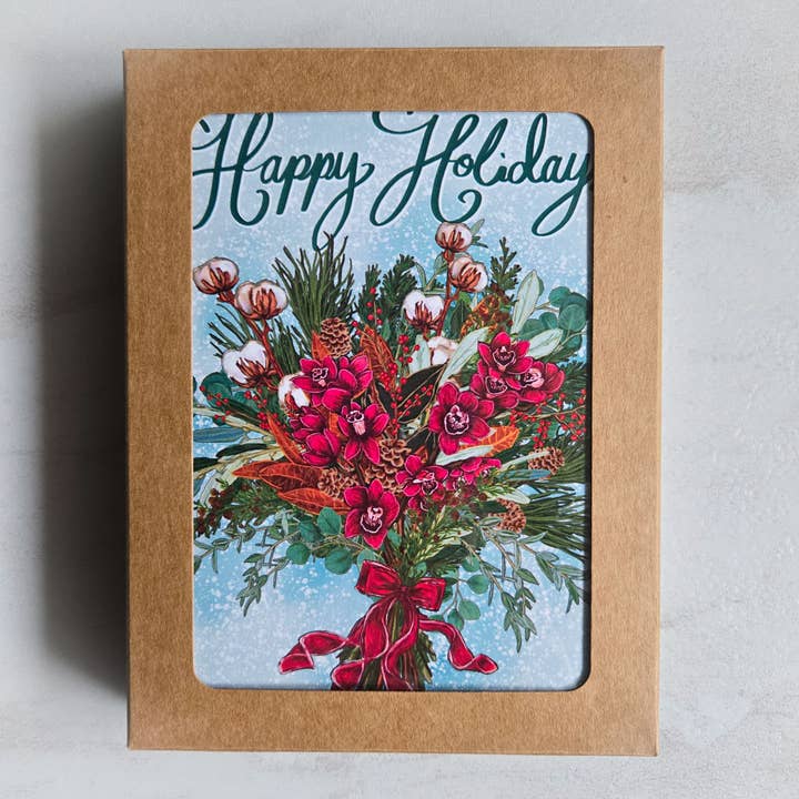 Box Set of Happy Holiday Christmas Greeting Cards (6 cards) for wholesale by Scribblebard Illustrations