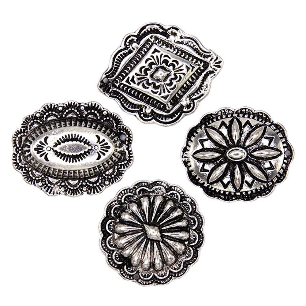 Western Express – Engroshandel Reversnål/knap – Sæt med fire sølvfarvede takt-nåle med conchos i forskellige former0