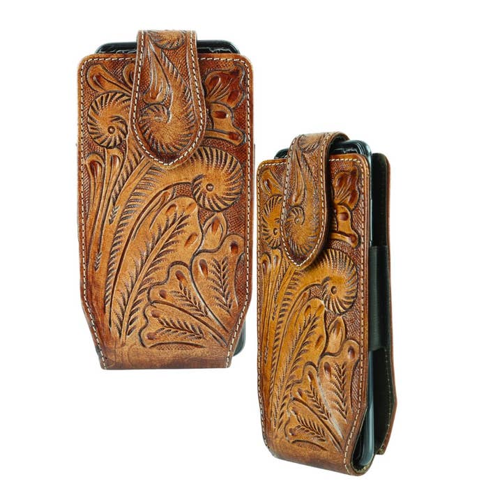 Leather Impressions Inc - Venta al por mayor Bolso para móvil - Unisex - Funda de teléfono de piel labrada con estampado floral de bisonte americano para cinturón
