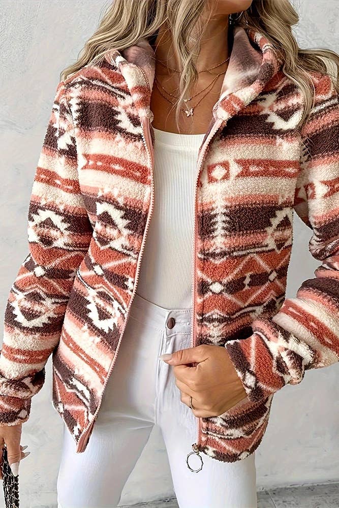 Orange Aztec Fleece Zipper Western Hooded Coat ZK2201 for wholesale on Faire