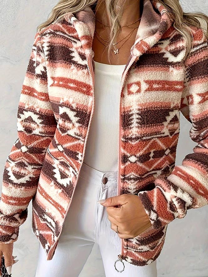 Orange Aztec Fleece Zipper Western Hooded Coat ZK2201 for wholesale on Faire