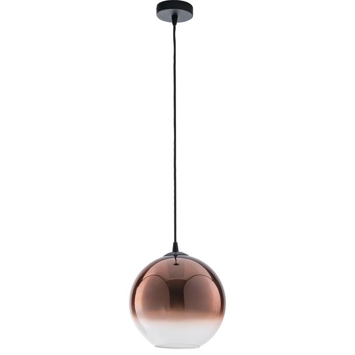 Lampadario a sospensione Marte in vetro con decoro sfumato rame e struttura in metallo. Disponibile in tre dimensioni (1XE27) per la vendita all'ingrosso da parte di Gruppo F.T