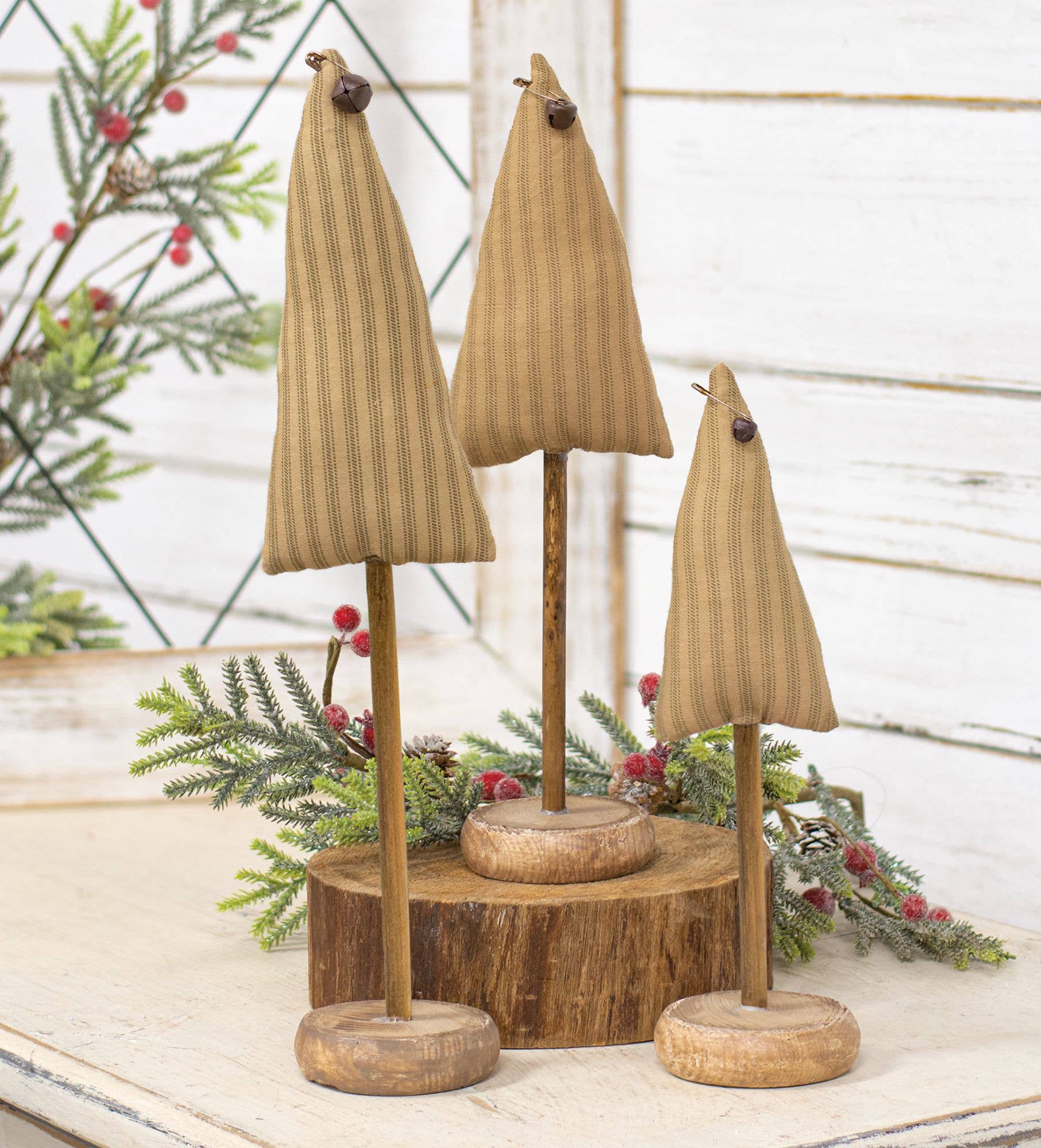 The Hearthside Collection - Wholesale Christmas Decoration - Green Ticking Stripe Christmas Tree on Base, 11"2