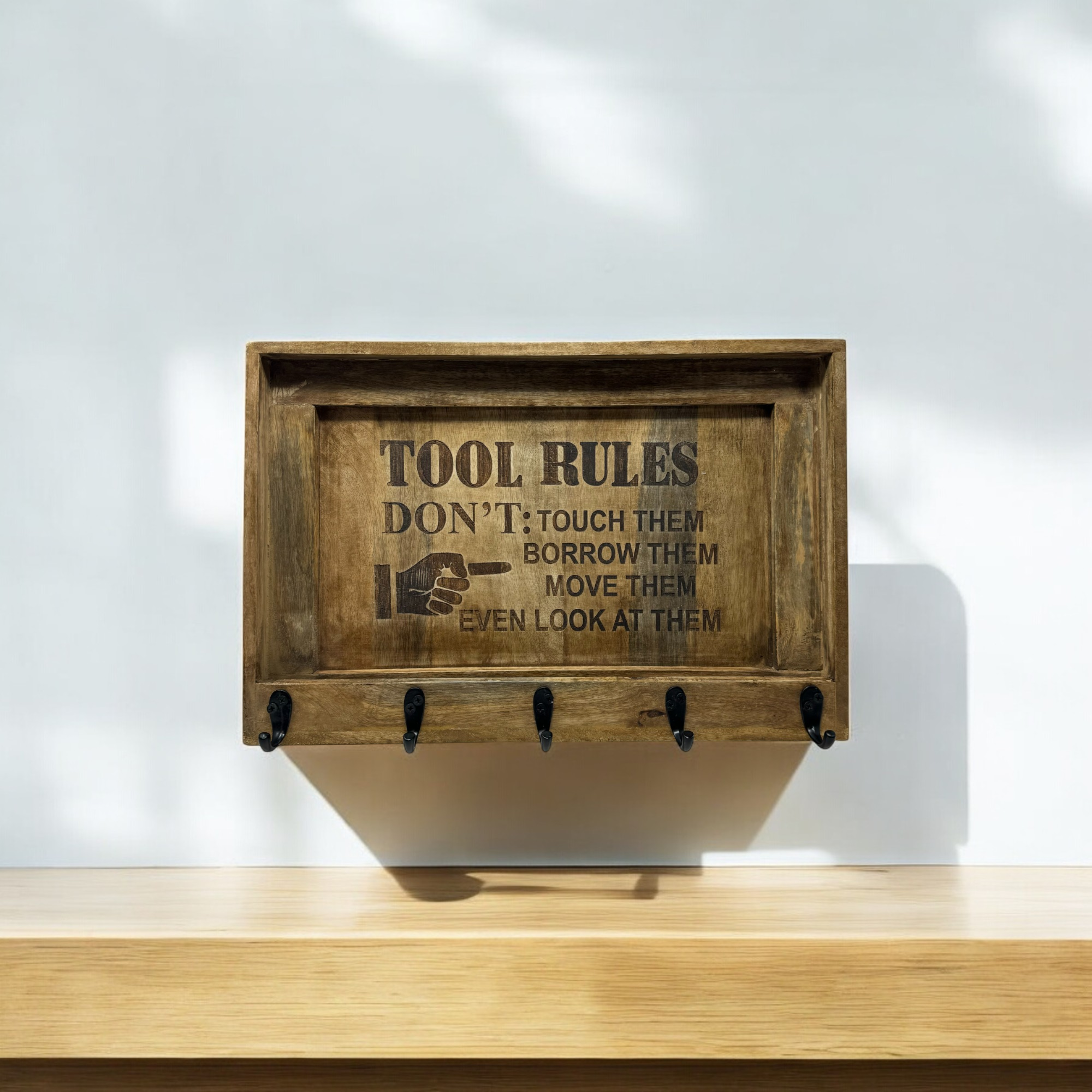 Wilco Home - Wholesale Tool Set - Tool Rules Etched Wood Wall Organizer with Cast Iron Hooks2