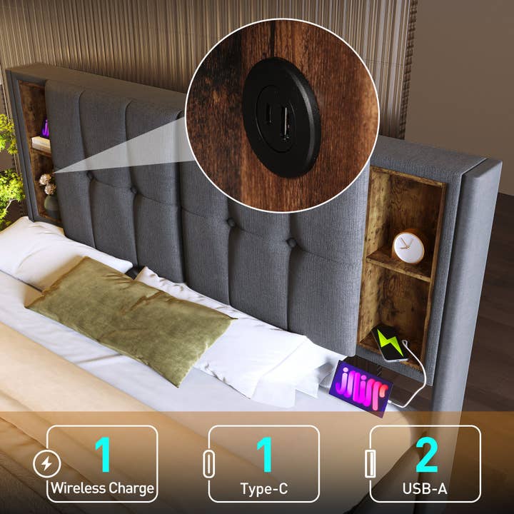 Modern Home Touch – wholesale Bedroom furniture – Upholstered Double Bed Frame with Wireless Charging and Storage6