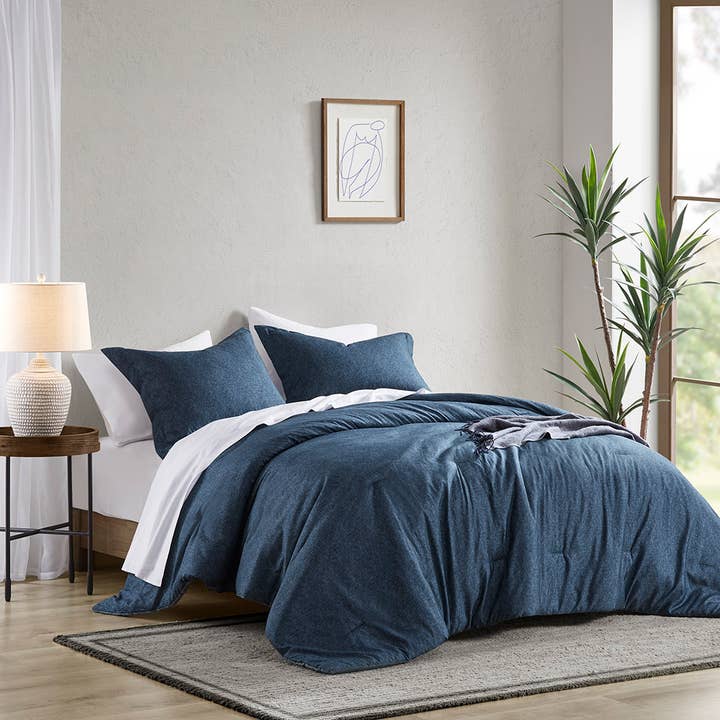 Olliix - Vente Parure de lit - Ensemble de couette inspiré du denim chambray, bleu marine2