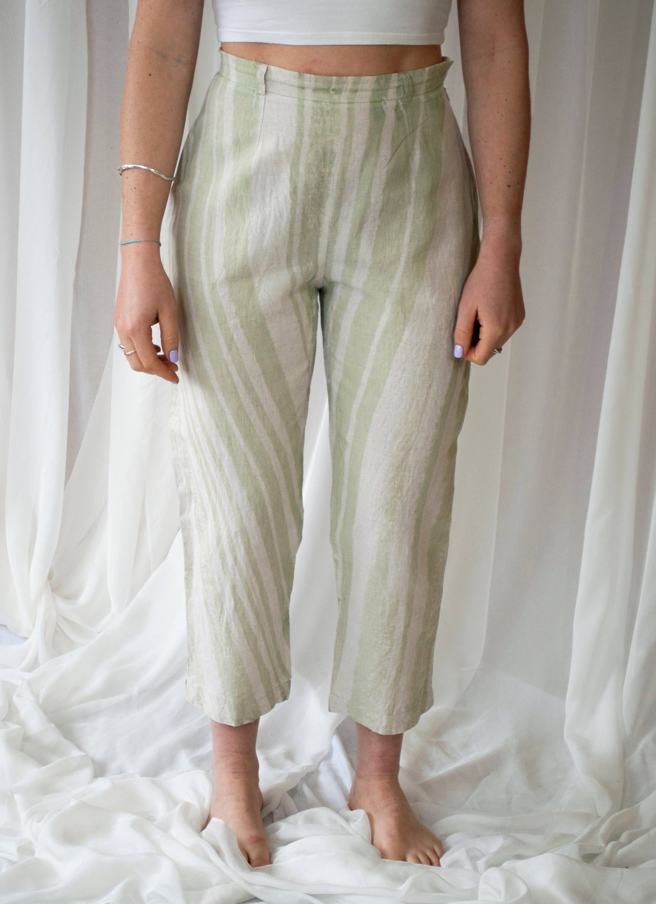 again & again - Wholesale Pants - Women's - Green Stripe Linen Trousers