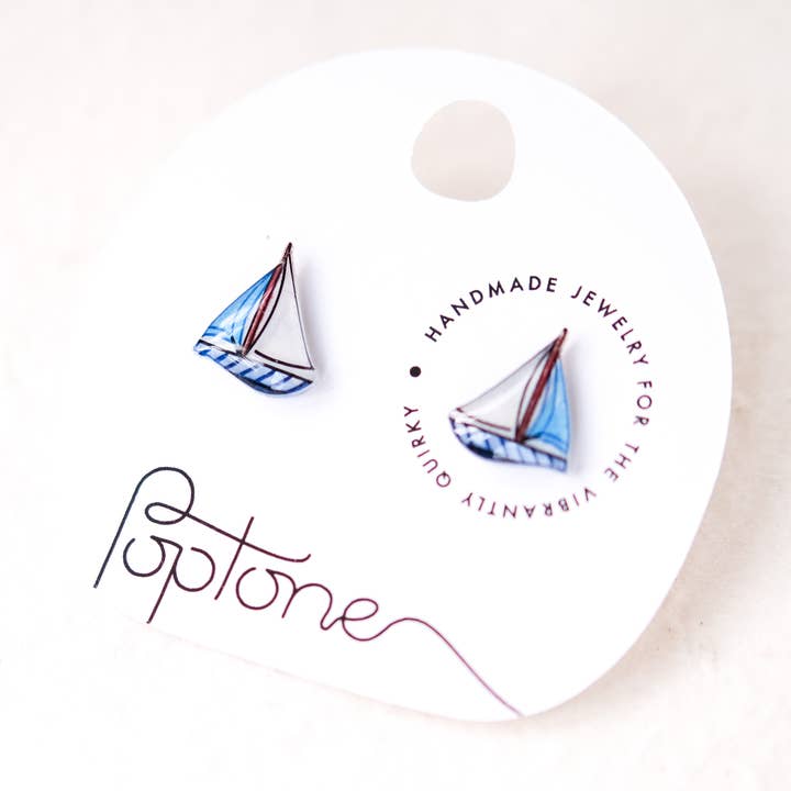 Summer Nautical Sailboat Earrings in red and blue for wholesale by Poptone Co.