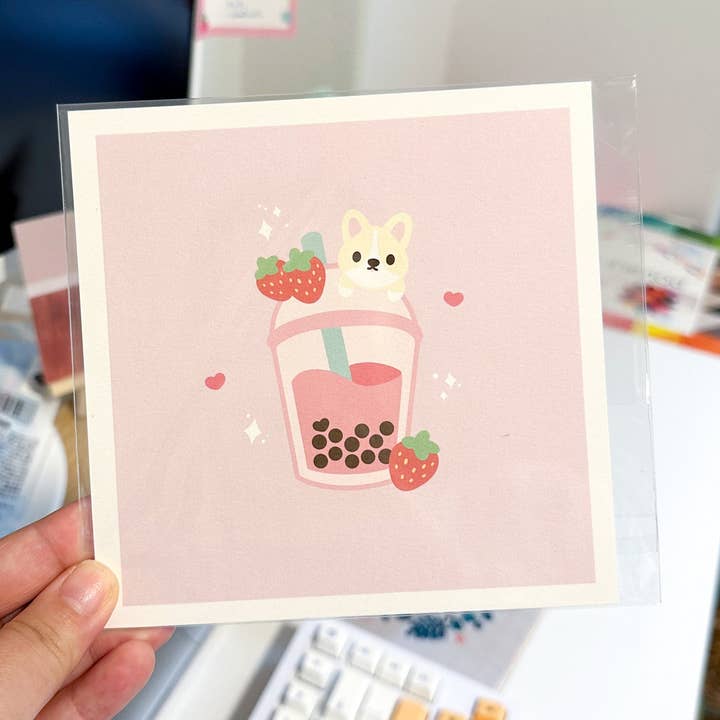 Strawberry Boba Corgi Print for wholesale by Potato Desk