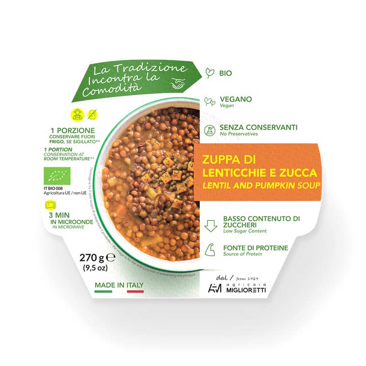 AZIENDA AGRICOLA MIGLIORETTI - Vendita all'ingrosso Zuppe - ZUPPA DI LENTICCHIE E ZUCCA BIOLOGICO VEGANO SENZA COLORANTI