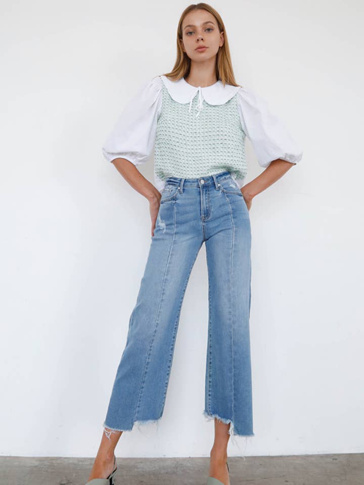 Uneven Raw Hem Crop Flare Jeans for wholesale by Insane Gene USA