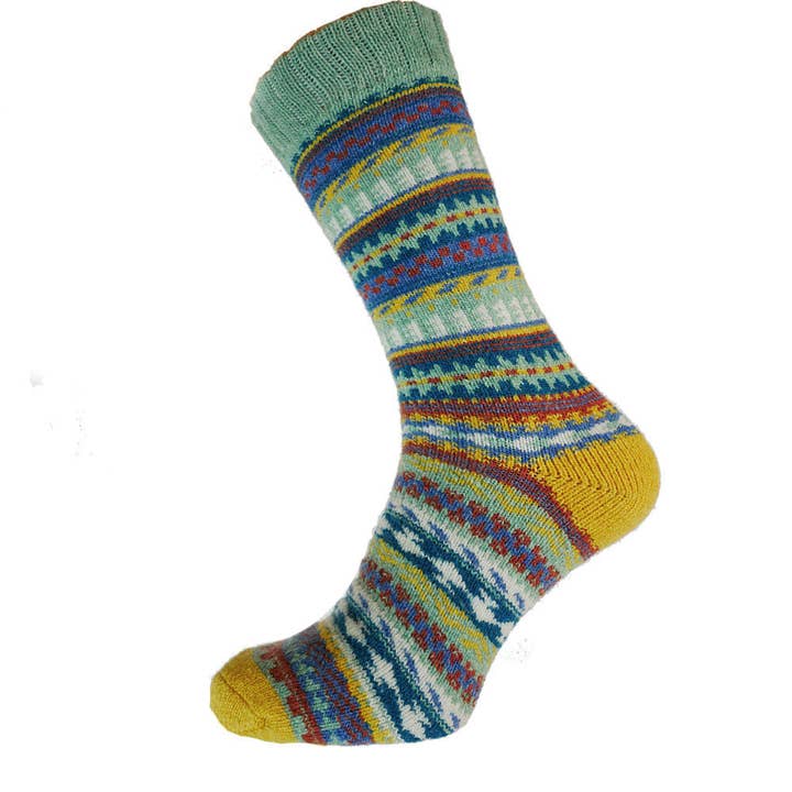 Bright blue, green and yellow Nordic patterned wool blend socks for wholesale by GEMJAR LTD
