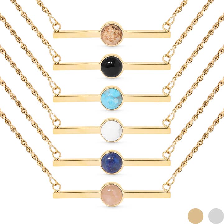 Collier à barrette en pierre naturelle semi-précieuse en acier PVD en or 18 carats pour la vente par WJW