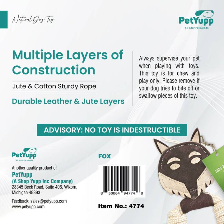 PetYupp - Wholesale Pet Rope Toy - Dog - Cotton & Jute Toss-Tug Dog Toy with Genuine Leather - Fox