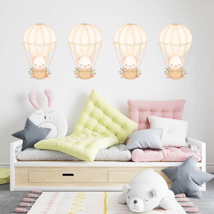 Hello Beautiful Designs – wholesale Väggdekor - Barn och baby – Varmluftsballong Väggklistermärke Barn Sovrum Flickor Dekor Barnkammartapet Idé Barn Baby Pig Söt lantbruksdjur Småbarn Flytande Design