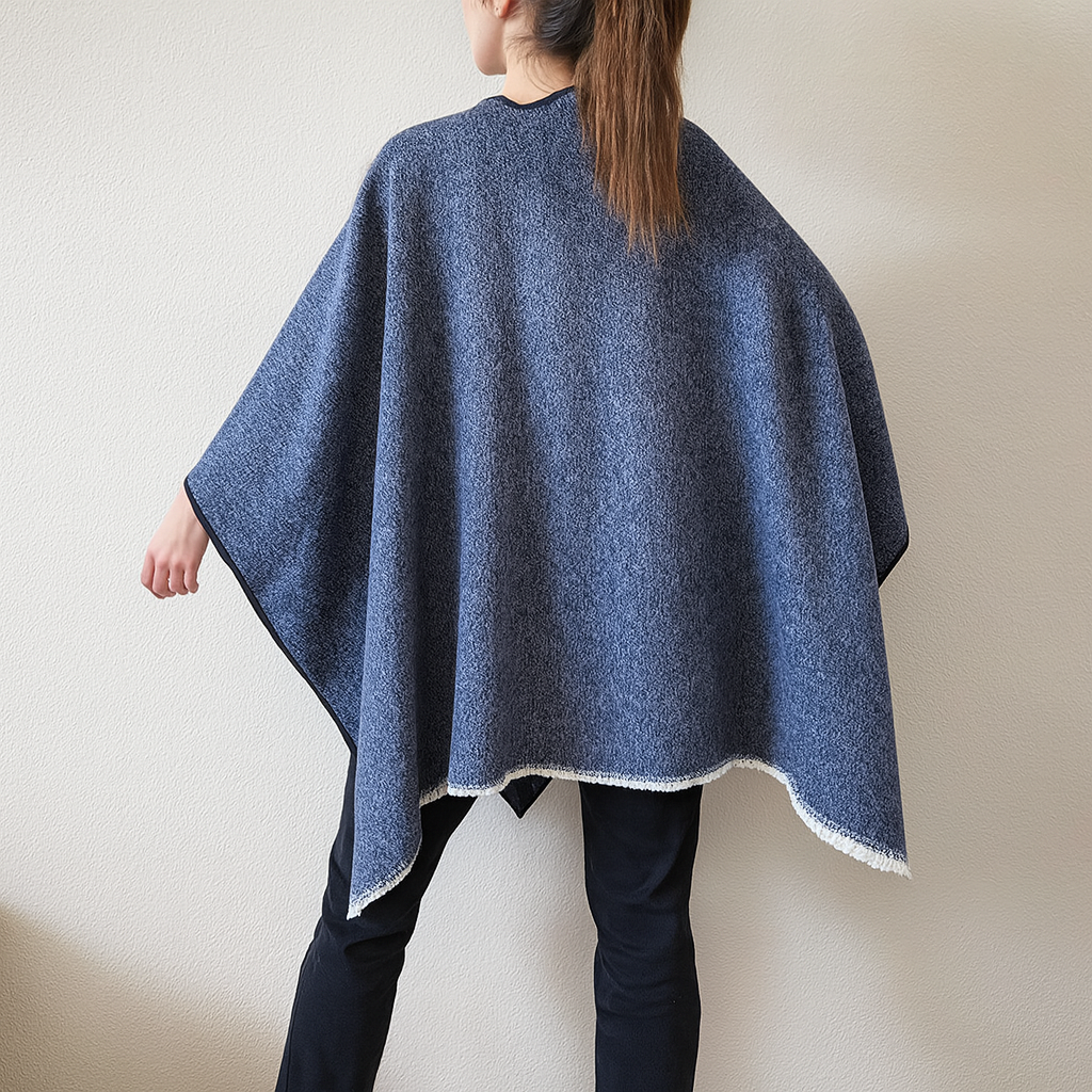 Fennco Styles - Wholesale Poncho - Women's - Navy Blue Fringe Poncho Warm Open Front Shawl Cape  2