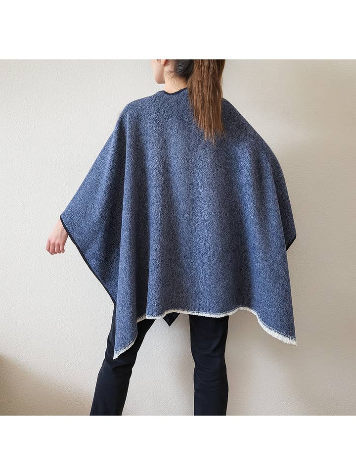 Fennco Styles - Wholesale Poncho - Women's - Navy Blue Fringe Poncho Warm Open Front Shawl Cape 2