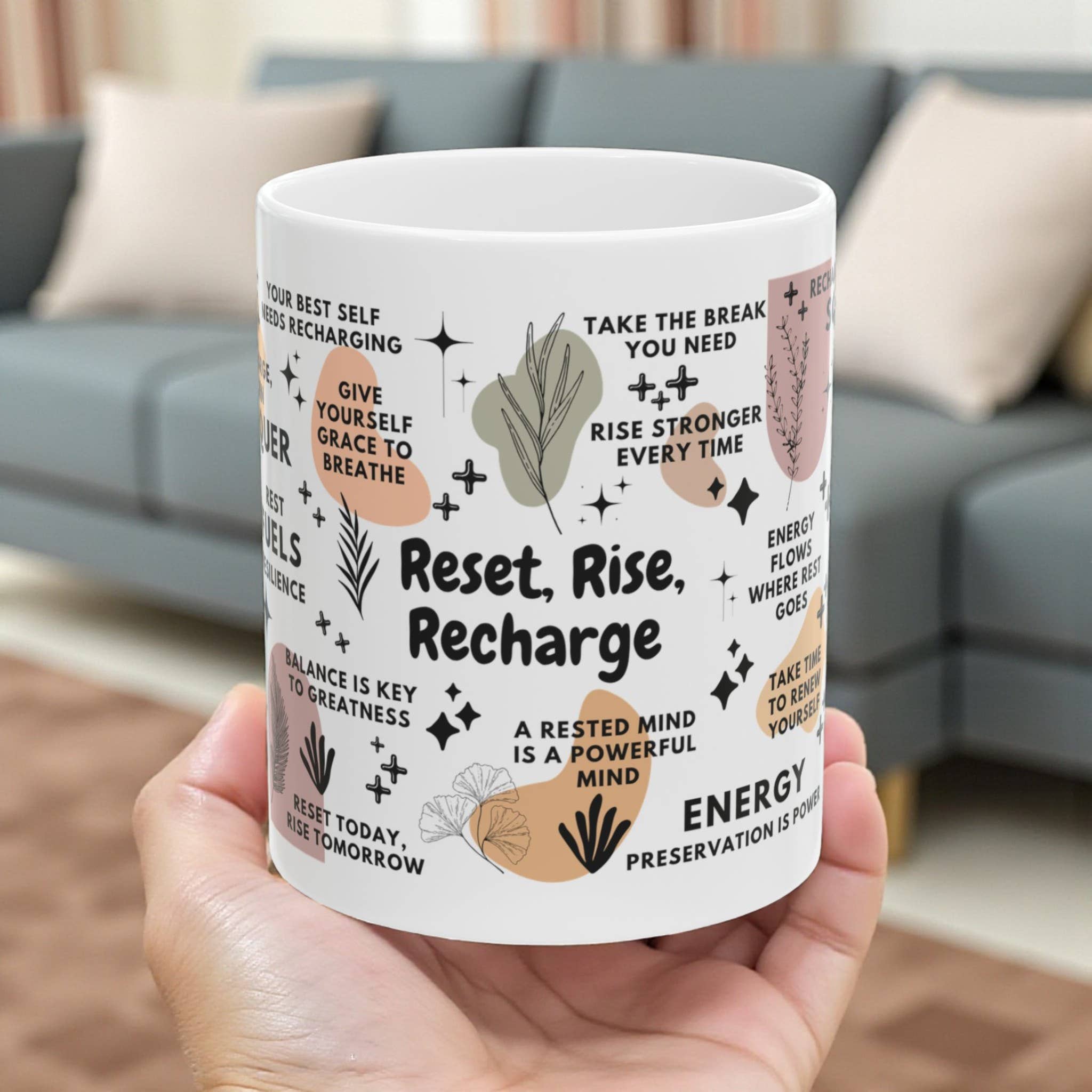 EMESLY - Wholesale Coffee Mug - Reset Rise Recharge Motivational Coffee Mug Gift; 11oz/15oz