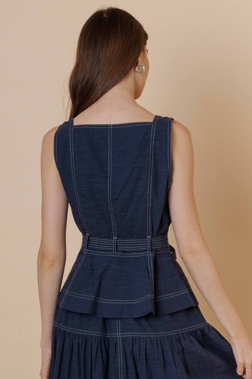 A & SHE - Wholesale T-Shirt - Women's - Square Neck Button Down Contrast Stitch Belted Top12