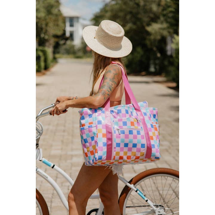 Multi Checker Multicolored Checkered Oversized Foldable Tote for wholesale on Faire