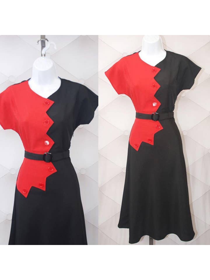 Astro Bettie - Wholesale Dress - Women's - 1940s Sawtooth Color Block Dress - Red/Black