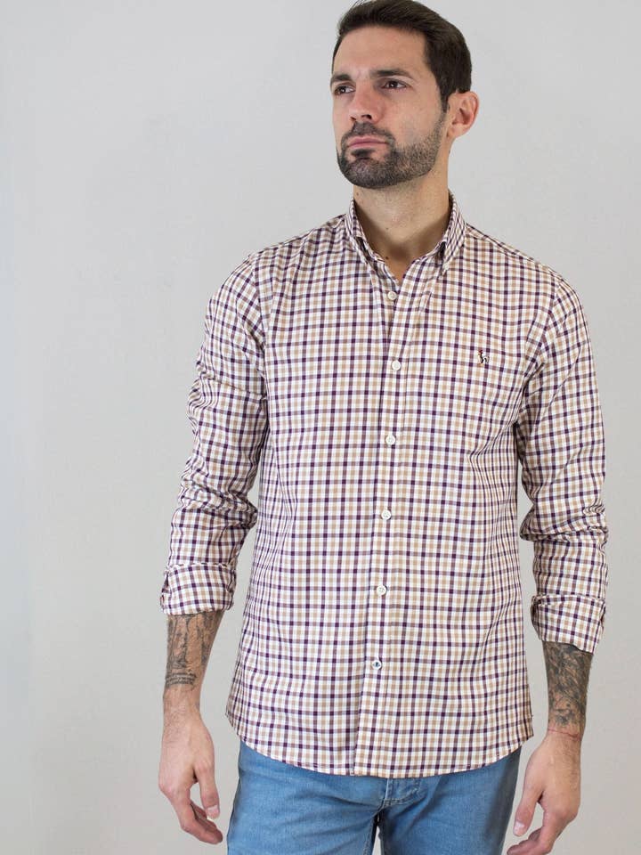 Plaid shirt in beige tones for wholesale by Patadegayo