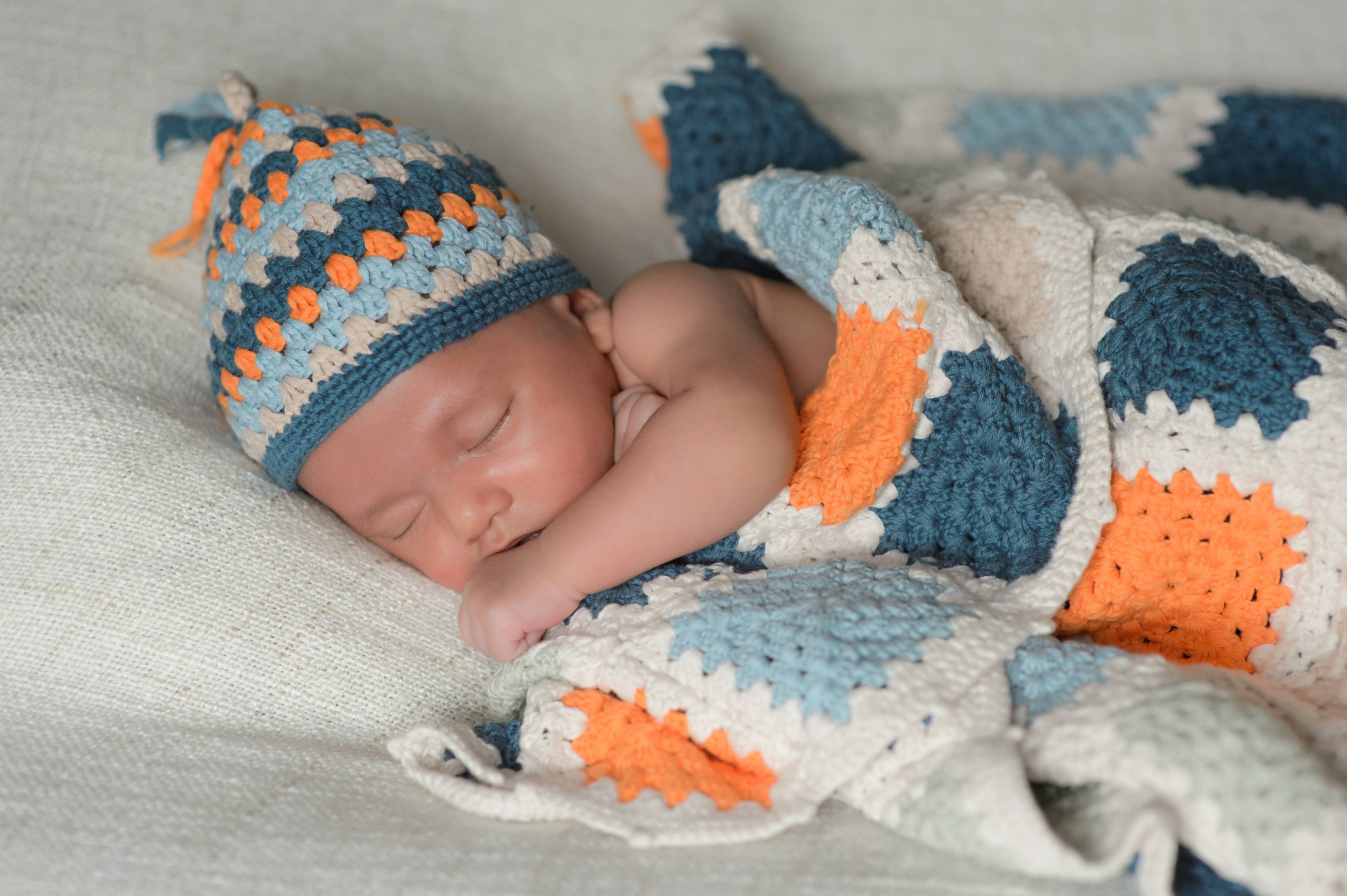 Pebble - Wholesale Bedding Blanket - Kids & Baby - Handmade Organic Granny Square Baby Blanket in Blue & Orange1