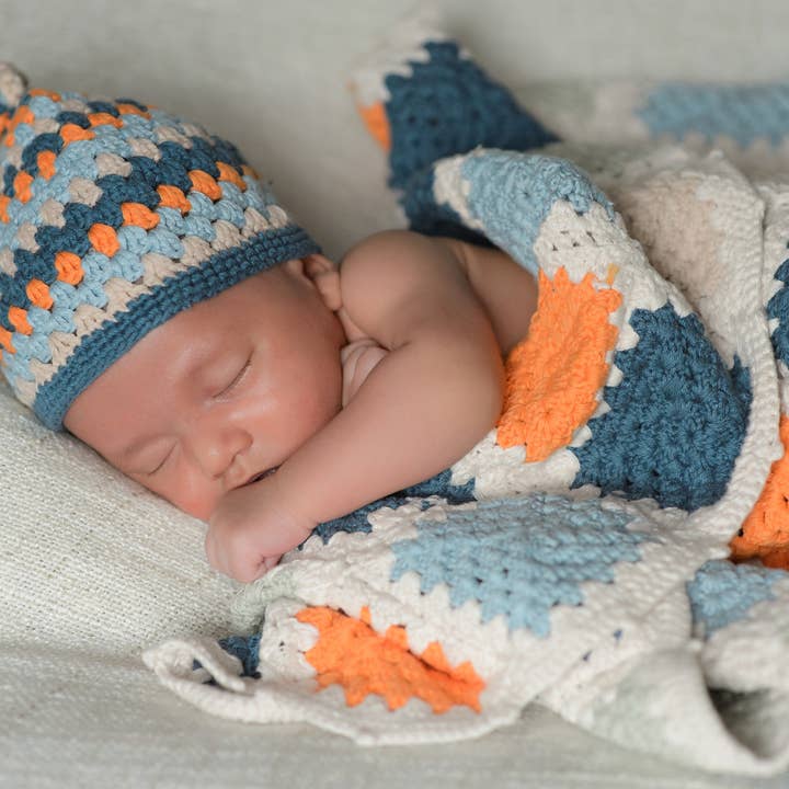Pebble - Wholesale Bedding Blanket - Kids & Baby - Handmade Organic Granny Square Baby Blanket in Blue & Orange1