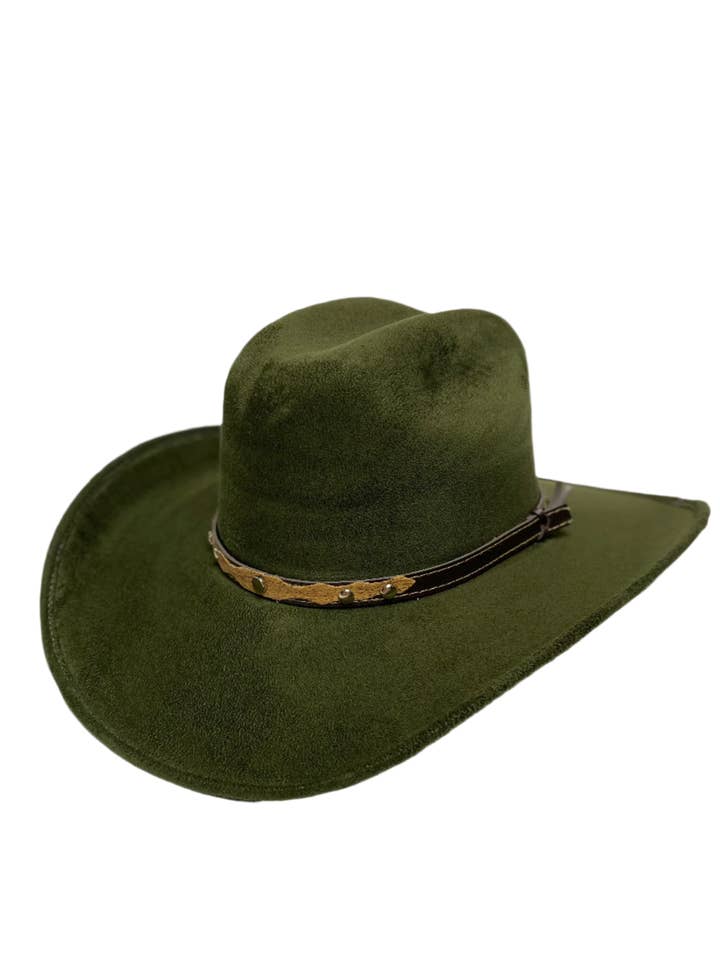 Austin Vegan Suede Cowboy Hat- Olive Green for wholesale by Wilder and Soul Wholesale Hats