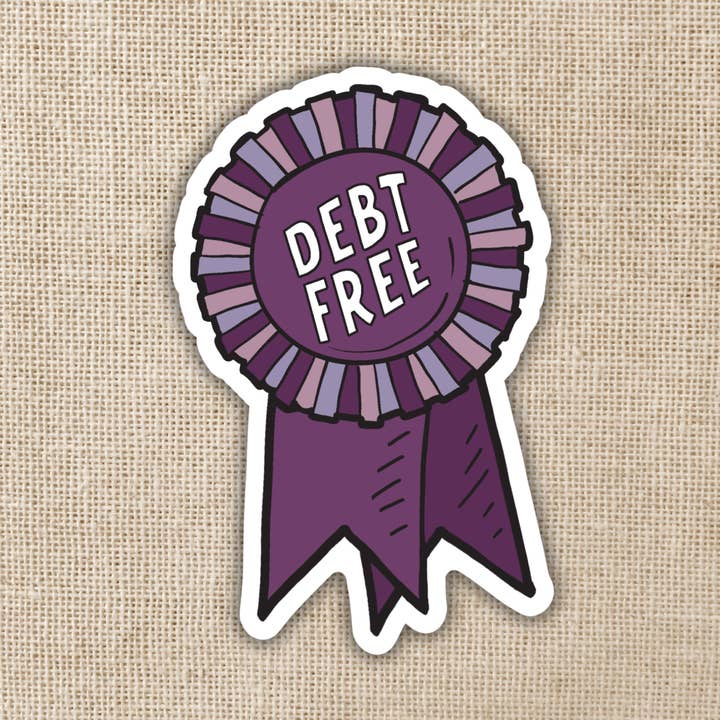 Debt Free Ribbon Sticker, 3-inch for wholesale by Kingdom of Threads