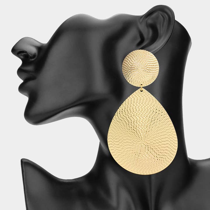 Oversized Textured Teardrop Metal Plate Dangle Earrings for wholesale by Sensibling Corp.