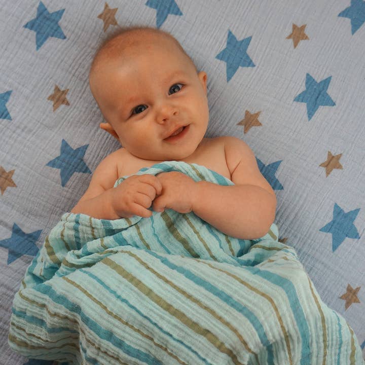 Star and Stripes Blue Muslin Swaddle Set (2 pack of blankets) Light weight guaze style wrap for wholesale by Bambino Land