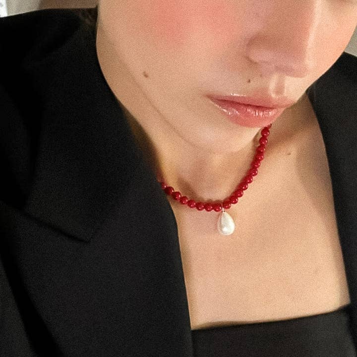 Joyeux Handmade Red Beaded Pearl Necklace for wholesale on Faire