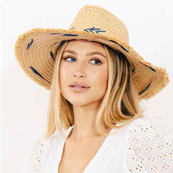 NATURAL Straw Braided Embroidery Striped Brim floppy  Sun Hat for wholesale on Faire3