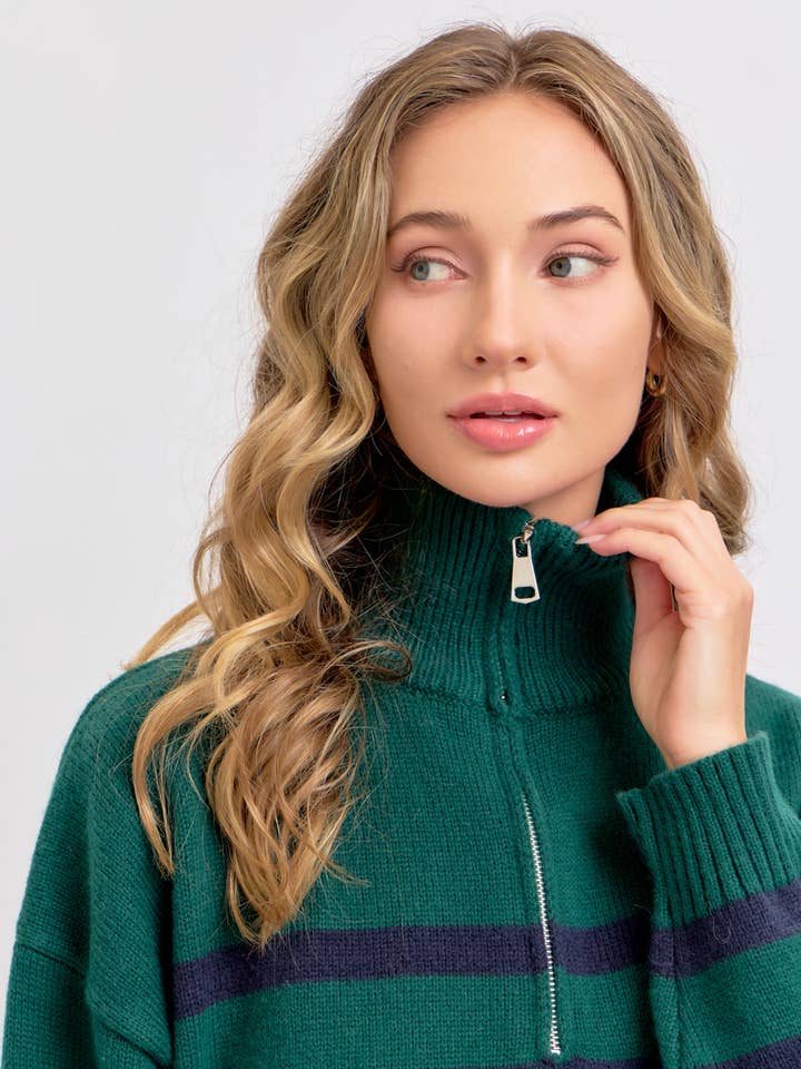 Sweet Lovely by Jen - Wholesale Knit Sweater - Women's - STRIPED ZIP-FRONT OVERSIZED PULLOVER KNIT SWEATER 29