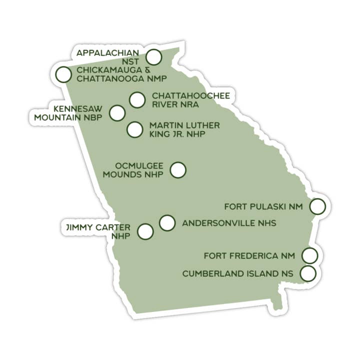Georgia National Parks Map Sticker for wholesale by National Park Obsessed LLC