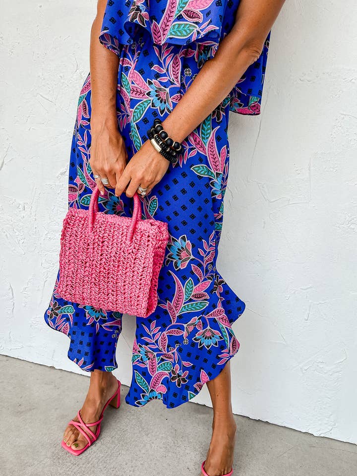 Blue Tropical Strapless Ruffle Jumpsuit for wholesale on Faire