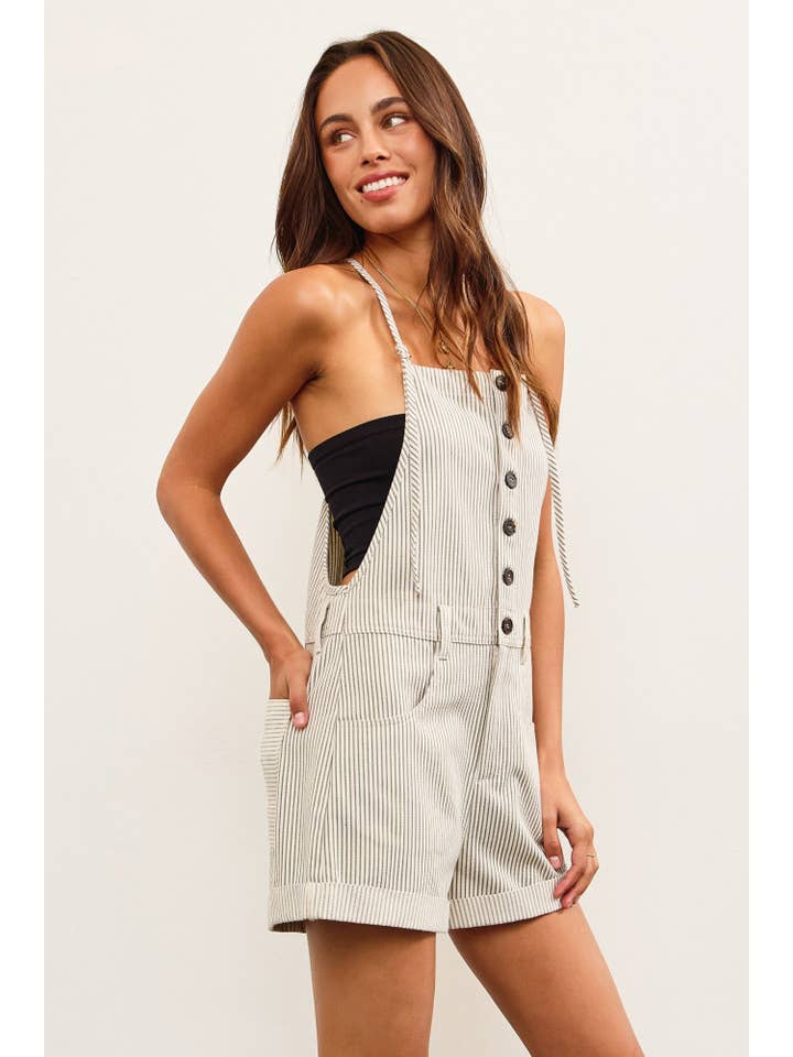 Mustard Seed - Wholesale Romper - Women's - BUTTON CLOSURE STRIPED SLEEVELESS ROMPER