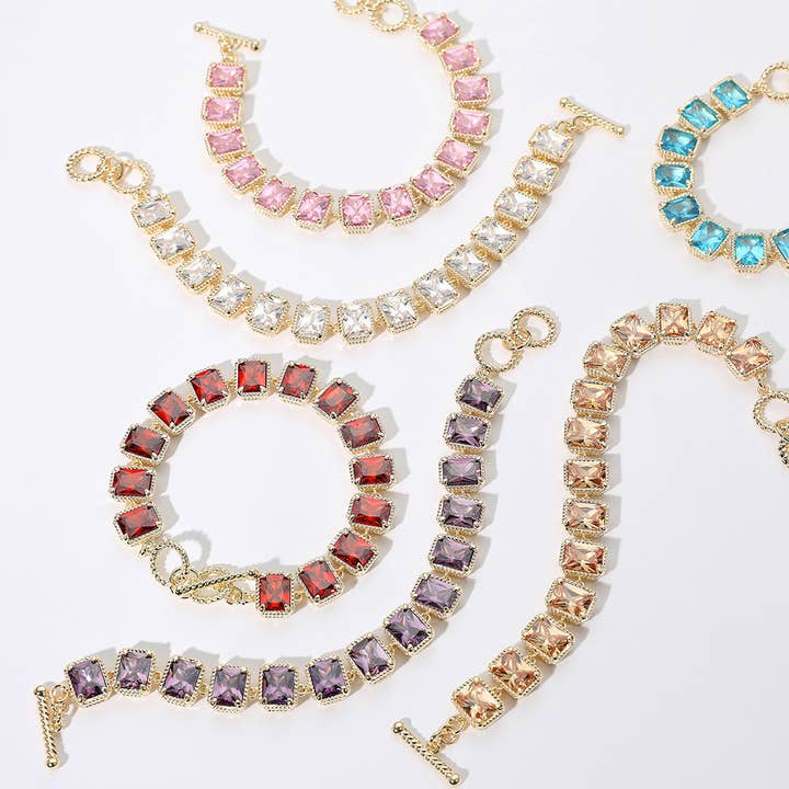 14K Gold Plated CZ Emerald Cut Stone Cluster Link Evening Toggle Bracelet for wholesale by Sensibling Corp.