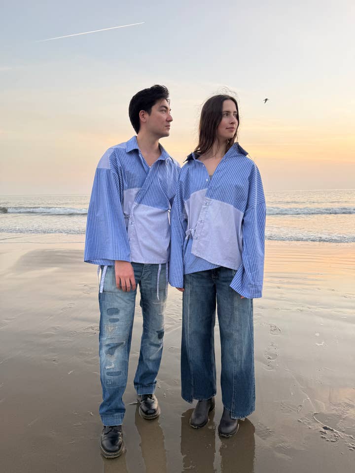 Kimono Camisa de Rayas - Envolvente unisex de rayas azules - Algodón patchwork - Hecho en LA para venta al por mayor de Rag Reserve