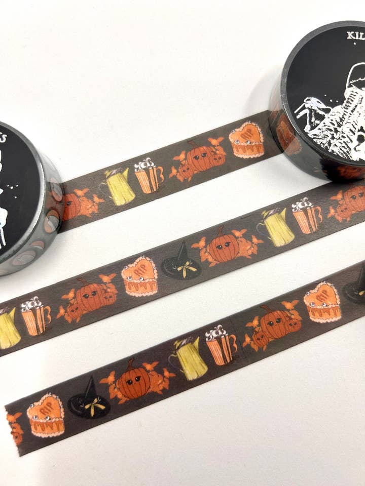 Ruban Washi design latte à la citrouille sur fond charbon 15mm sorcière d'Halloween pour la vente par Killerviews