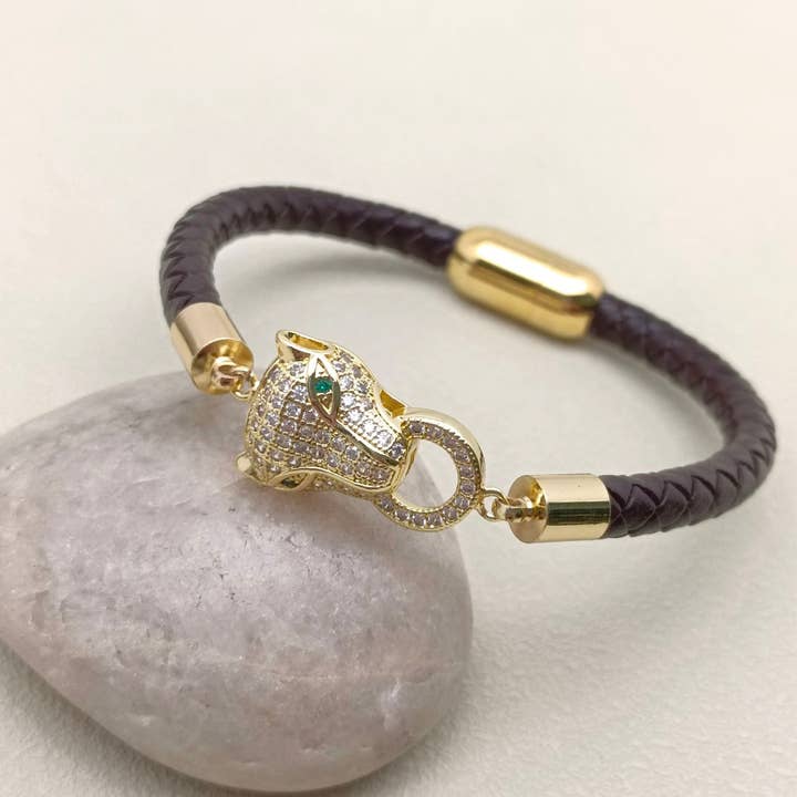 Mio Queena - Wholesale Bangle Bracelet - Inlaid CZ Leopard Head Charm Men's Leather Bracelet - MJ/BC2